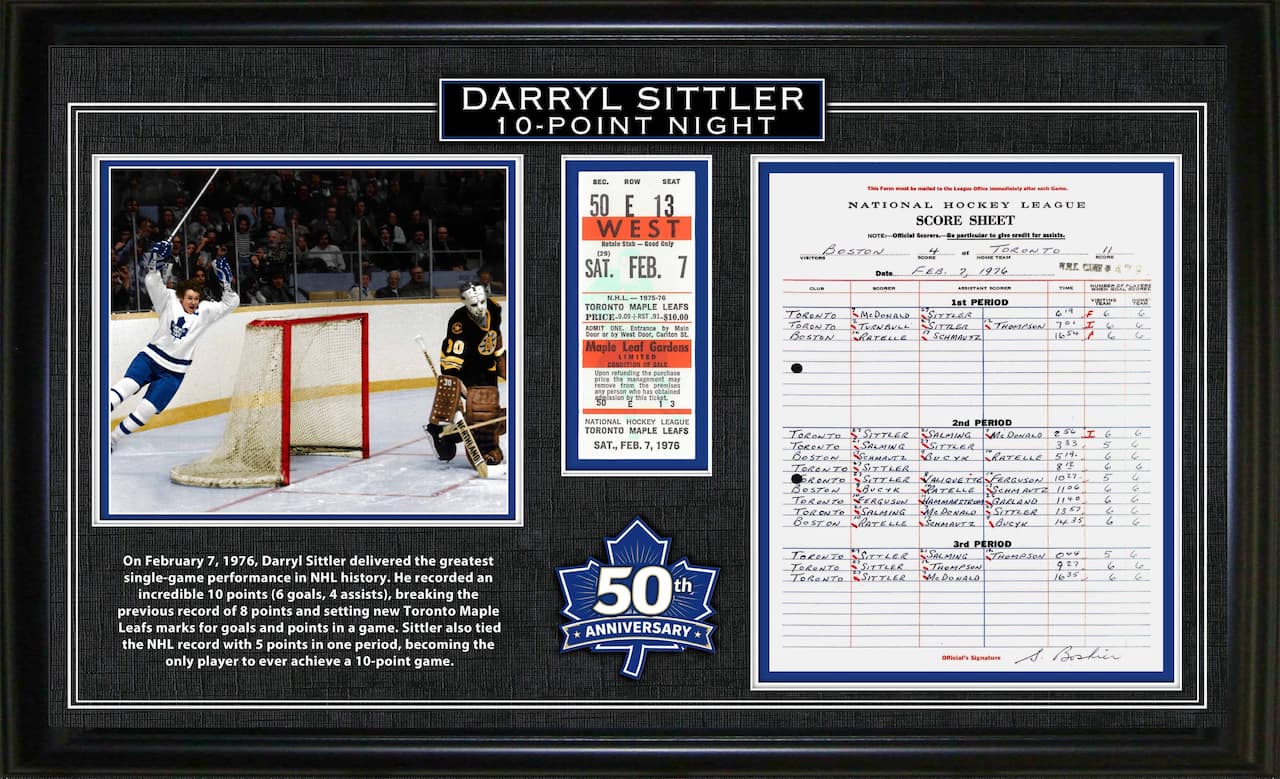 Darryl Sittler Toronto Maple Leafs Framed 10 Point Night Replica Score Sheet and Ticket (50th Anniversary)